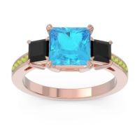 Swiss Blue Topaz Ring In 18K Rose Gold With Black Onyx And Peridot Alinda Princess Three-stone Ring