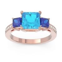 Swiss Blue Topaz Ring In 18K Rose Gold With Blue Sapphire And Lab Diamond Alinda Princess Three-stone Ring