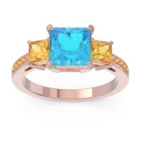 Swiss Blue Topaz Ring In 18K Rose Gold With Citrine Alinda Princess Three-stone Ring