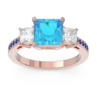 Swiss Blue Topaz Ring In 18K Rose Gold With Lab Diamond And Blue Sapphire Alinda Princess Three-stone Ring
