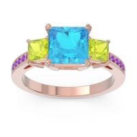Swiss Blue Topaz Ring In 18K Rose Gold With Peridot And Amethyst Alinda Princess Three-stone Ring