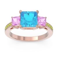 Swiss Blue Topaz Ring In 18K Rose Gold With Pink Tourmaline And Peridot Alinda Princess Three-stone Ring