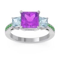 Amethyst Ring In 18k White Gold With Aquamarine And Emerald Alinda Princess Three-stone Ring