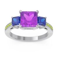 Amethyst Ring In 14k White Gold With Blue Sapphire And Peridot Alinda Princess Three-stone Ring