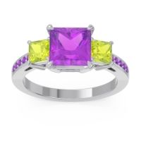 Amethyst Ring In Palladium With Peridot Alinda Princess Three-stone Ring