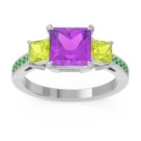 Amethyst Ring In Palladium With Peridot And Emerald Alinda Princess Three-stone Ring