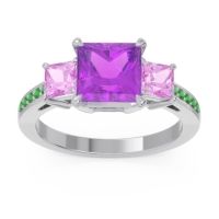 Amethyst Ring In Palladium With Pink Tourmaline And Emerald Alinda Princess Three-stone Ring
