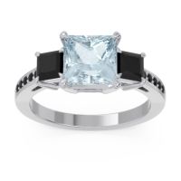 Aquamarine Ring In 18k White Gold With Black Onyx Alinda Princess Three-stone Ring
