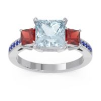 Aquamarine Ring In Palladium With Garnet And Blue Sapphire Alinda Princess Three-stone Ring