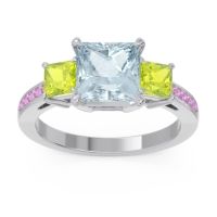 Aquamarine Ring In Palladium With Peridot And Pink Tourmaline Alinda Princess Three-stone Ring