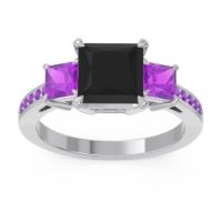 Black Onyx Ring In Palladium With Amethyst Alinda Princess Three-stone Ring