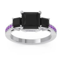 Black Onyx Ring In Palladium With Amethyst Alinda Princess Three-stone Ring