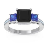 Black Onyx Ring In Palladium With Blue Sapphire And Aquamarine Alinda Princess Three-stone Ring