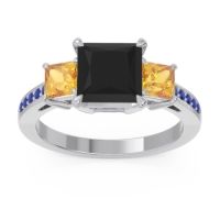 Black Onyx Ring In Palladium With Citrine And Blue Sapphire Alinda Princess Three-stone Ring