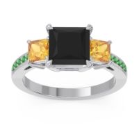 Black Onyx Ring In Palladium With Citrine And Emerald Alinda Princess Three-stone Ring