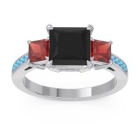 Black Onyx Ring In Palladium With Garnet And Swiss Blue Topaz Alinda Princess Three-stone Ring