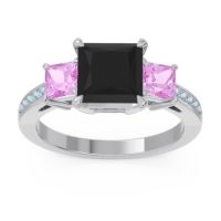 Black Onyx Ring In Palladium With Pink Tourmaline And Aquamarine Alinda Princess Three-stone Ring