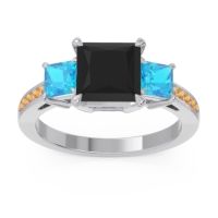 Black Onyx Ring In Palladium With Swiss Blue Topaz And Citrine Alinda Princess Three-stone Ring