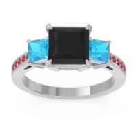 Black Onyx Ring In Palladium With Swiss Blue Topaz And Ruby Alinda Princess Three-stone Ring