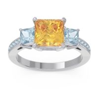 Citrine Ring In 14k White Gold With Aquamarine Alinda Princess Three-stone Ring