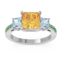 Citrine Ring In Palladium With Aquamarine And Emerald Alinda Princess Three-stone Ring