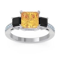 Citrine Ring In Palladium With Black Onyx And Aquamarine Alinda Princess Three-stone Ring