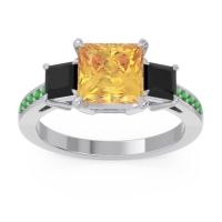 Citrine Ring In Palladium With Black Onyx And Emerald Alinda Princess Three-stone Ring