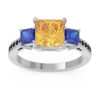 Citrine Ring In Palladium With Blue Sapphire And Black Onyx Alinda Princess Three-stone Ring