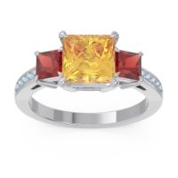 Citrine Ring In 18k White Gold With Garnet And Aquamarine Alinda Princess Three-stone Ring