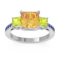 Citrine Ring In Palladium With Peridot And Blue Sapphire Alinda Princess Three-stone Ring