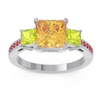 Citrine Ring In 18k White Gold With Peridot And Ruby Alinda Princess Three-stone Ring