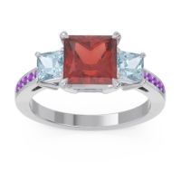 Garnet Ring In Palladium With Aquamarine And Amethyst Alinda Princess Three-stone Ring