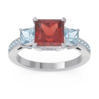 Garnet Ring In 18k White Gold With Aquamarine Alinda Princess Three-stone Ring