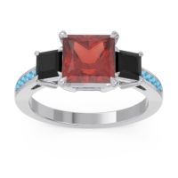Garnet Ring In Palladium With Black Onyx And Swiss Blue Topaz Alinda Princess Three-stone Ring