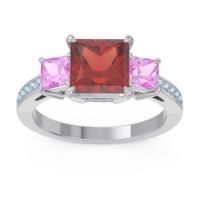 Garnet Ring In 14k White Gold With Pink Tourmaline And Aquamarine Alinda Princess Three-stone Ring