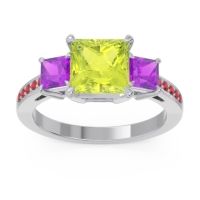 Peridot Ring In Palladium With Amethyst And Ruby Alinda Princess Three-stone Ring