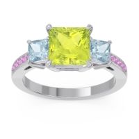 Peridot Ring In Palladium With Aquamarine And Pink Tourmaline Alinda Princess Three-stone Ring