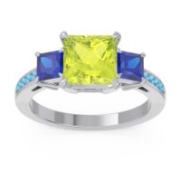Peridot Ring In Palladium With Blue Sapphire And Swiss Blue Topaz Alinda Princess Three-stone Ring