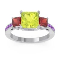 Peridot Ring In 18k White Gold With Garnet And Amethyst Alinda Princess Three-stone Ring