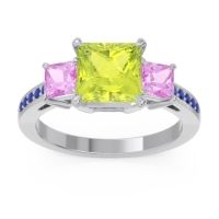 Peridot Ring In 18k White Gold With Pink Tourmaline And Blue Sapphire Alinda Princess Three-stone Ring