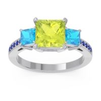 Peridot Ring In 14k White Gold With Swiss Blue Topaz And Blue Sapphire Alinda Princess Three-stone Ring