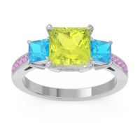 Peridot Ring In 14k White Gold With Swiss Blue Topaz And Pink Tourmaline Alinda Princess Three-stone Ring
