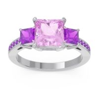 Pink Tourmaline Ring In Palladium With Amethyst Alinda Princess Three-stone Ring