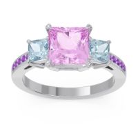 Pink Tourmaline Ring In Palladium With Aquamarine And Amethyst Alinda Princess Three-stone Ring