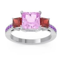 Pink Tourmaline Ring In Palladium With Garnet And Amethyst Alinda Princess Three-stone Ring