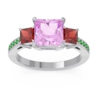 Pink Tourmaline Ring In Palladium With Garnet And Emerald Alinda Princess Three-stone Ring