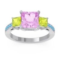 Pink Tourmaline Ring In Palladium With Peridot And Swiss Blue Topaz Alinda Princess Three-stone Ring