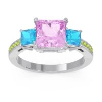 Pink Tourmaline Ring In 14k White Gold With Swiss Blue Topaz And Peridot Alinda Princess Three-stone Ring