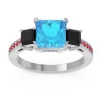 Swiss Blue Topaz Ring In Palladium With Black Onyx And Ruby Alinda Princess Three-stone Ring