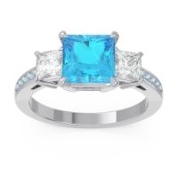 Swiss Blue Topaz Ring In Palladium With Lab Diamond And Aquamarine Alinda Princess Three-stone Ring